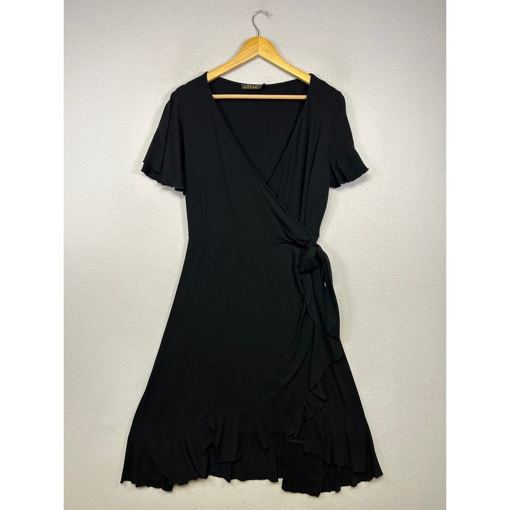 Classic Minimalist‎ iHot Women Large Black Ruffle Hem Flutter Sleeve Wrap Dress